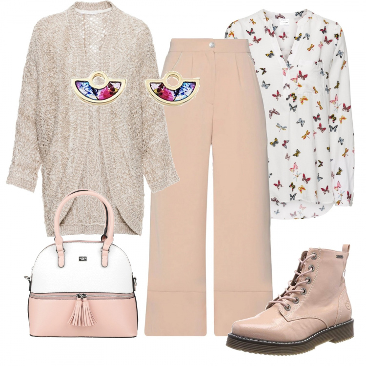 Outfit donna - Voglia di primavera. Stile Romantica per Tutti i giorni. Abbinamento con bluse, cardigans, pantaloni, borse a mano, orecchini, stivaletti.