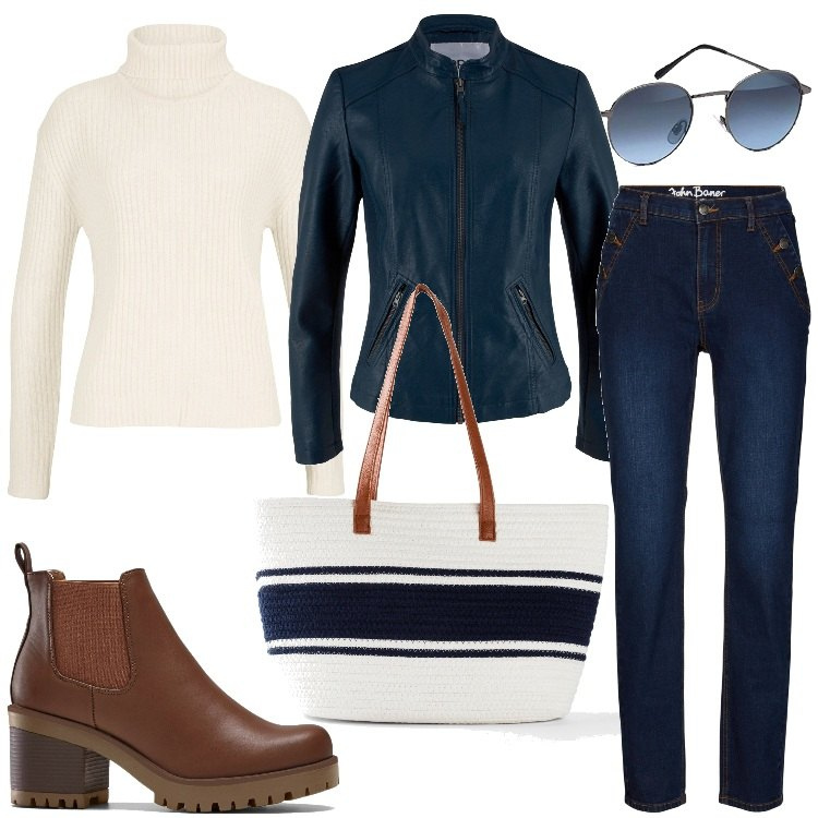 Outfit donna - La borsa a due colori. Stile Casual chic per Tutti i giorni. Abbinamento con stivaletti chelsea, giacche sportive, jeans, maglieria, shopping bag, occhiali da sole.