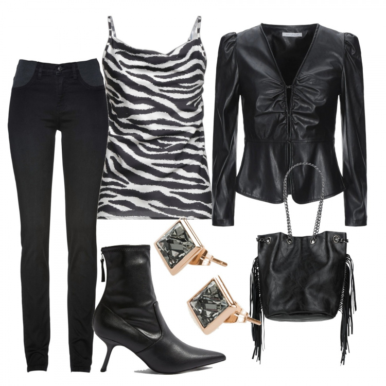 Outfit donna - Serata. Stile Glamour per Serata fuori. Abbinamento con jeans skinny, top, blazer, borse a mano, stivaletti, orecchini.