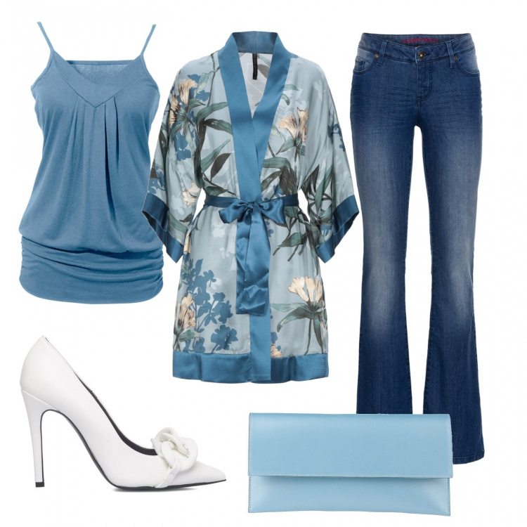 Outfit donna - Un Kimono giapponese. Stile Casual chic per Ufficio. Abbinamento con top, jeans bootcut, cappotti, borse a mano, décolleté.