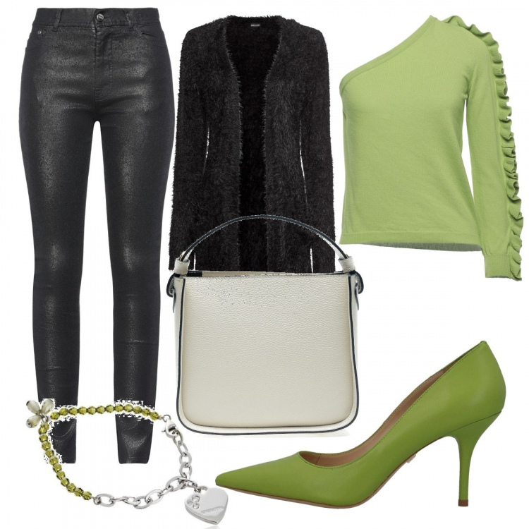 Outfit donna - Verde lime. Stile Casual chic per Tutti i giorni. Abbinamento con cardigans, pullovers, décolleté, pantaloni, borse a mano, braccialetti.