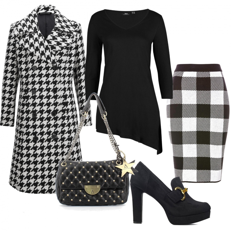 Outfit donna - Bianco e Nero. Stile Preppy per Serata fuori. Abbinamento con maglieria, gonne, cappotti, borse a tracolla, décolleté.