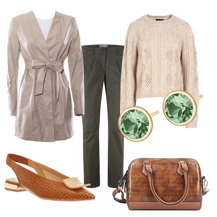 Outfit donna - Giornata impegnativa. Stile Casual chic per Ufficio. Abbinamento con pantaloni chino, pullovers, trench, orecchini, ballerine, borse a mano.