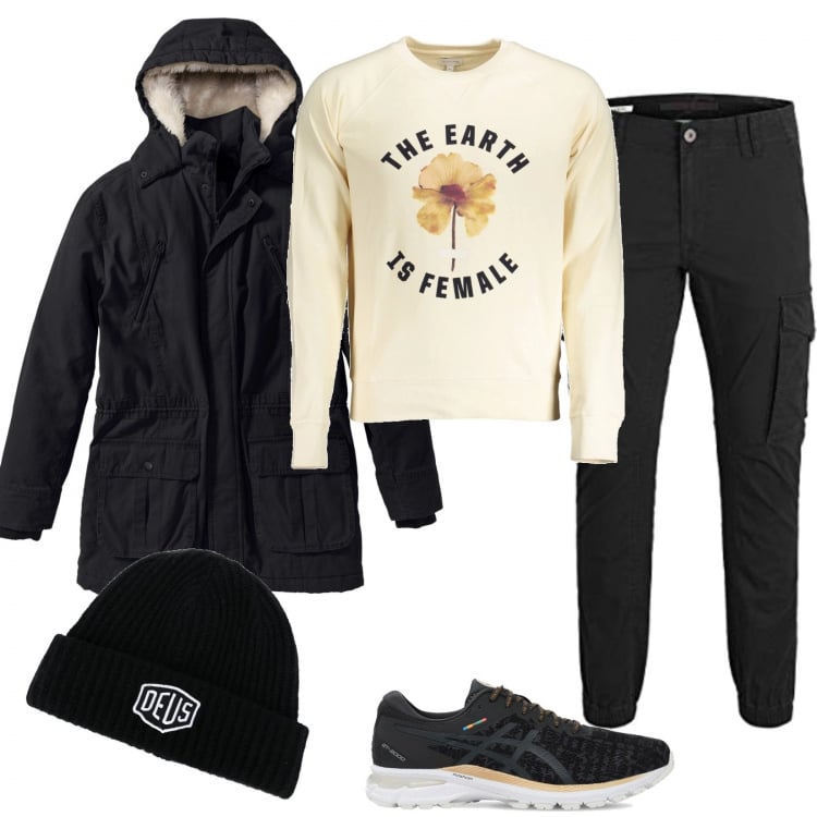 Outfit uomo - La felpa perfetta. Stile Casual per Tutti i giorni. Abbinamento con parka, berretti, felpe, pantaloni, sneakers.