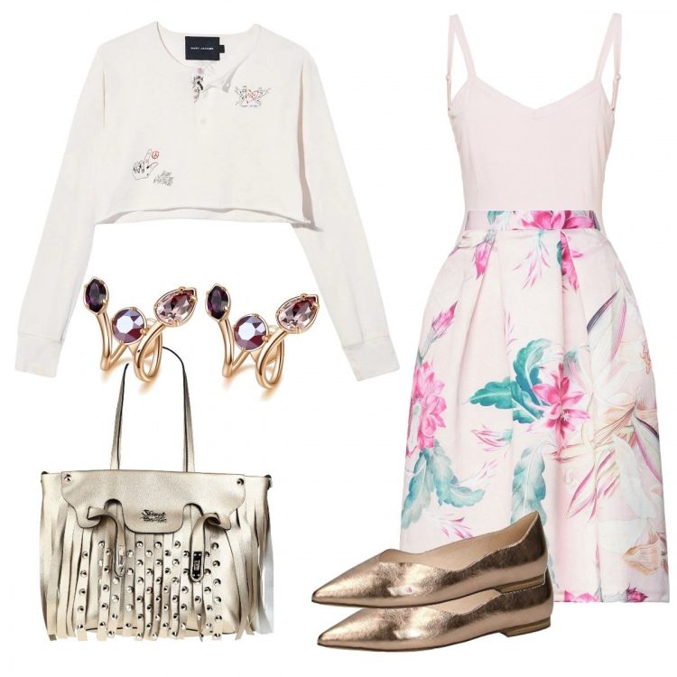 Outfit donna - Bon Ton #966. Stile Bon Ton per Tutti i giorni. Abbinamento con gonne longuette, borse a mano, orecchini, cardigans, body, ballerine.