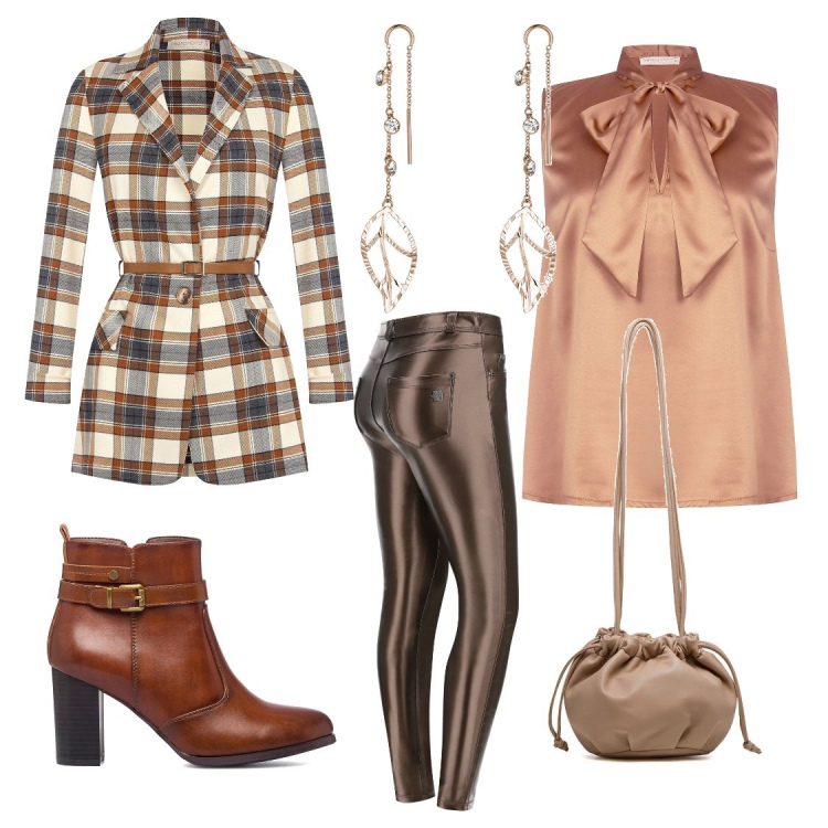 Outfit donna - Total look #1261471. Stile Basic per Serata fuori. Abbinamento con giacche, top, orecchini, pantaloni skinny, stivaletti, borse a secchiello.