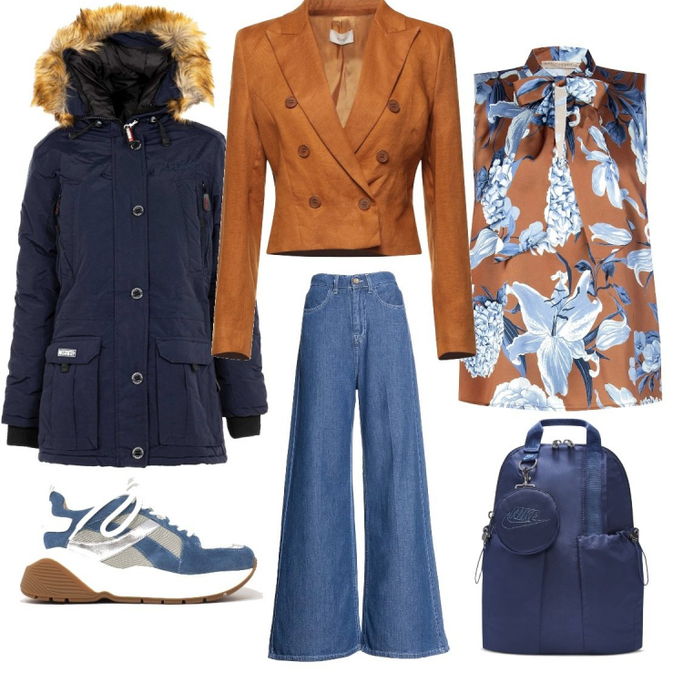 Outfit donna - Bizzarro. Abbinamento con blazer, top, jeans a zampa, sneakers, parka, zaini.