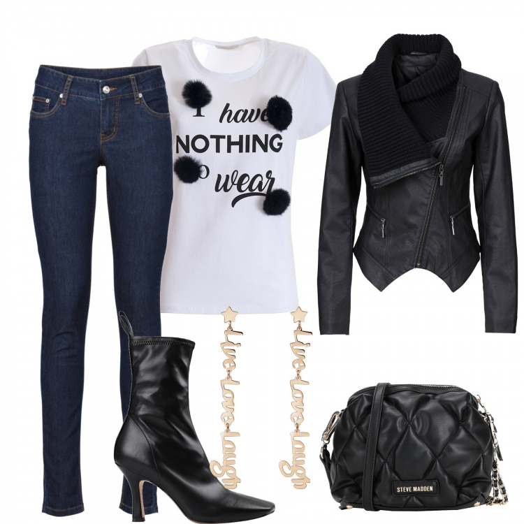 Outfit donna - In cittá. Stile Urban per Tutti i giorni. Abbinamento con blazer, jeans skinny, stivaletti, borse a tracolla, t-shirt, orecchini.