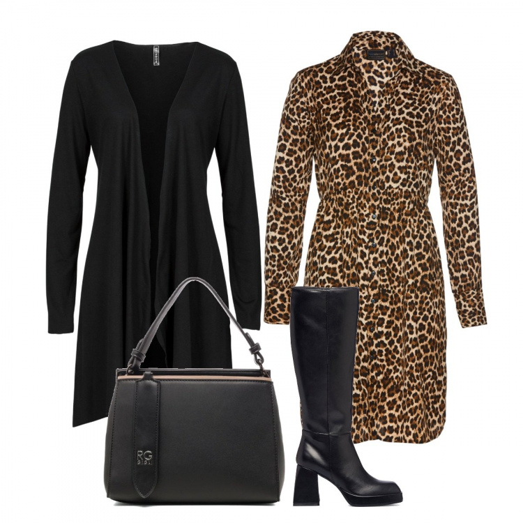 Outfit donna - La Signora Animalier. Stile Chic per Tutti i giorni. Abbinamento con cardigans, vestiti chemisier, borse a mano, stivali.