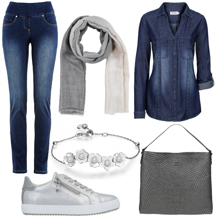 Outfit donna - Casual #2370. Stile Casual per Tutti i giorni. Abbinamento con jeans slim fit, camicie, sneakers, borse a mano, sciarpe, braccialetti.