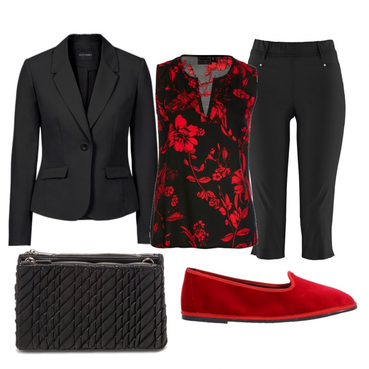 Outfit donna - Ricami Rossi Su Nero Profondo. Stile Chic per Serata fuori. Abbinamento con pantaloni, top, blazer, mocassini, borse a tracolla.