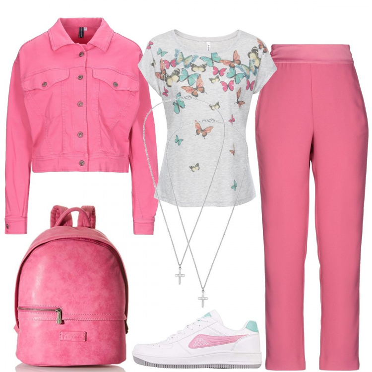 Outfit donna - Farfalle - Sangiovanni. Stile Urban per Tutti i giorni. Abbinamento con pantaloni, giacche, maglieria, sneakers, zaini, ciondoli.