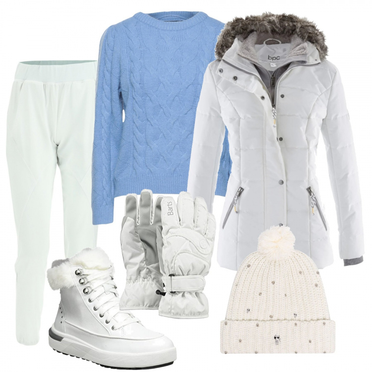 Outfit donna - Gita in montagna. Stile Sporty chic per Sport. Abbinamento con piumini, pullovers, berretti, pantaloni, stivali da neve, guanti.