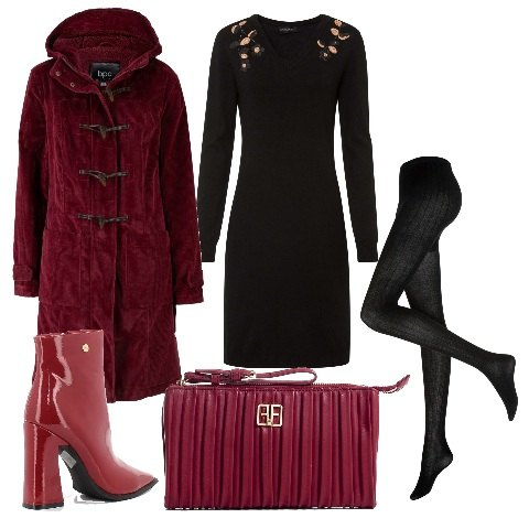 Outfit donna - Per ragazze sensual chic e pratiche. Stile Casual chic per Serata fuori. look ideale per Petite. Abbinamento con montgomery, vestiti, collant, clutch, stivaletti.