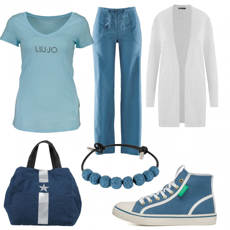 Outfit donna - I must have da prendere in sconto. Stile Trendy per Tutti i giorni. Abbinamento con pantaloni a palazzo, borse a mano, braccialetti, sneakers alte, t-shirt, cardigans.