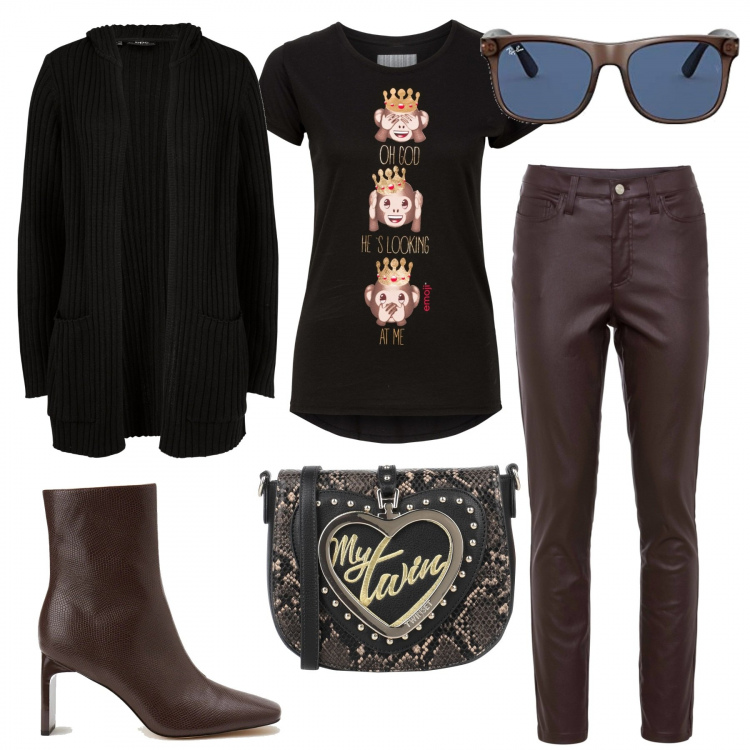 Outfit donna - Queen. Stile Glamour per Tutti i giorni. Abbinamento con cardigans, t-shirt, pantaloni skinny, borse a mano, stivaletti, occhiali da sole.