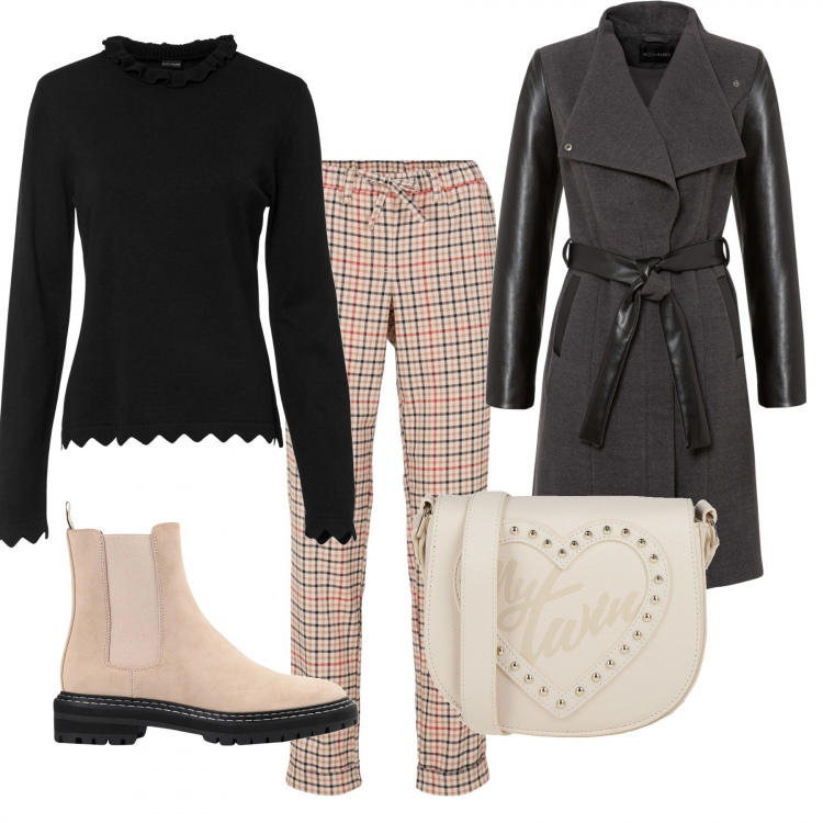 Outfit donna - Un po\' scozzese. Stile Casual chic per Ufficio. Abbinamento con pantaloni a palazzo, cappotti, maglieria, borse a tracolla, stivaletti.