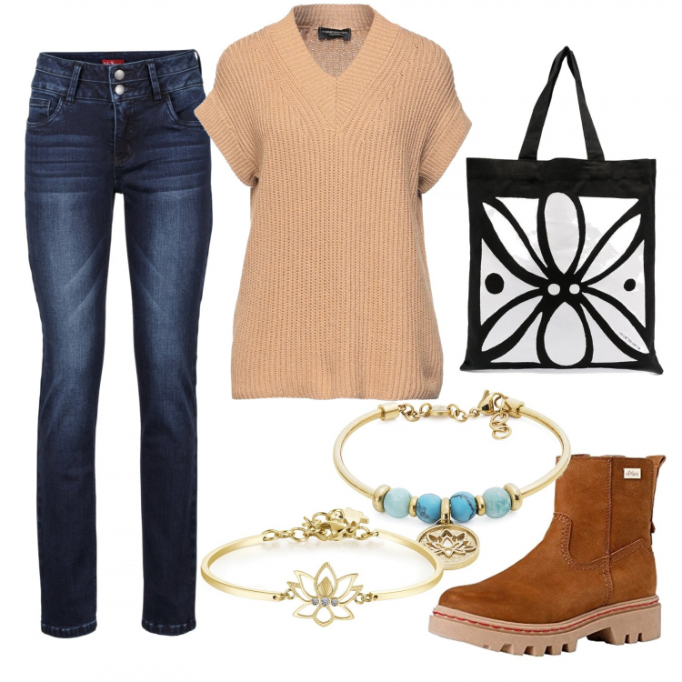 Outfit donna - Fiori bon ton. Stile Bon Ton per Tutti i giorni. Abbinamento con pullovers, jeans, braccialetti, braccialetti, borse tote, stivaletti.