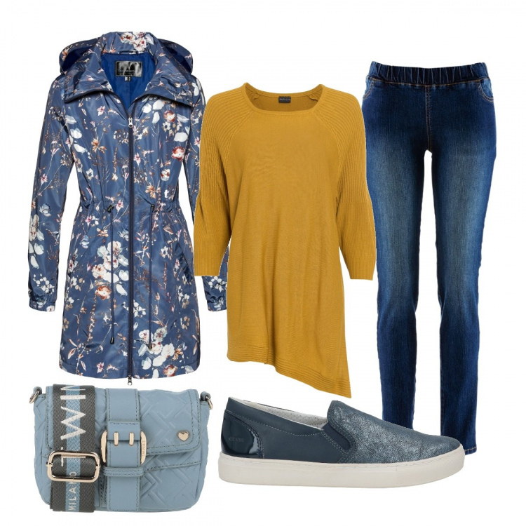 Outfit donna - Maglione Assimetrico E Giacca A Fiori. Stile Casual chic per Tutti i giorni. Abbinamento con treggings, maglieria, giacche, borse a tracolla, sneakers.