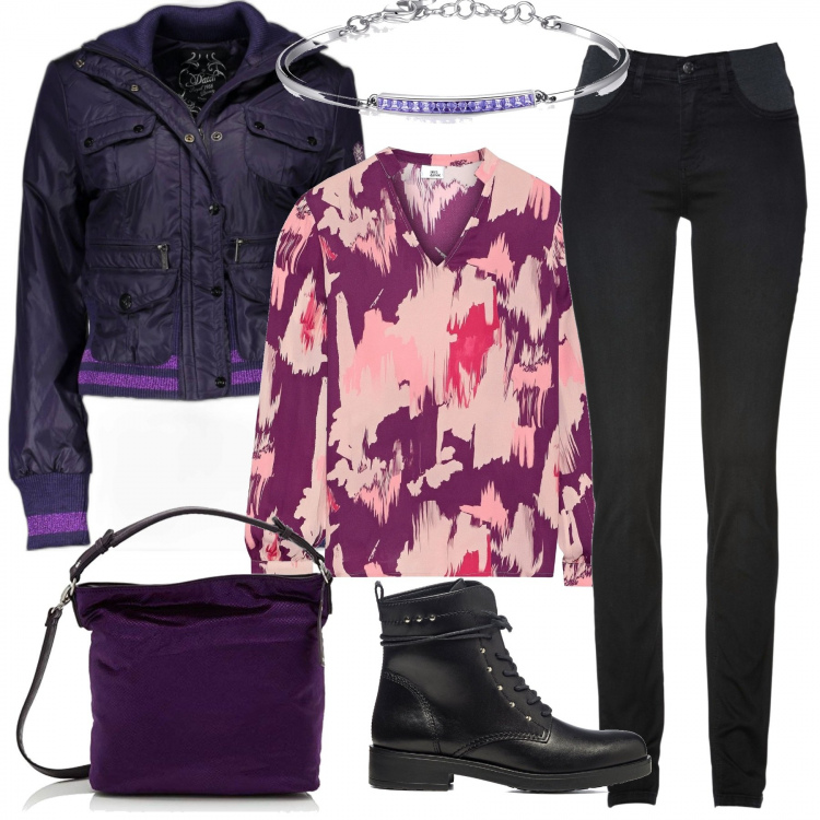 Outfit donna - Super sprint. Stile Rock per Tutti i giorni. Abbinamento con jeans skinny, bluse, braccialetti, anfibi, giacche, borse a tracolla.
