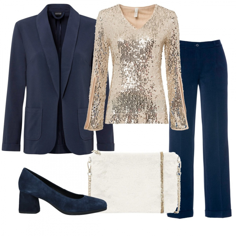 Outfit donna - Chic #2009. Stile Chic per Cerimonia. Abbinamento con décolleté, pantaloni, maglieria, blazer, pochette.