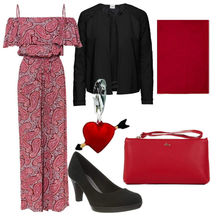 Outfit donna - Look Wao in low-cost. Stile Sexy per Serata fuori. Abbinamento con blazer, tute, borse a tracolla, sciarpe, ciondoli, décolleté.