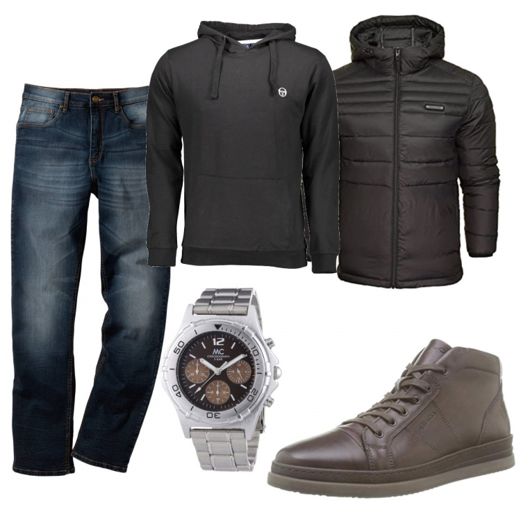 Outfit uomo - Casual look. Stile Casual per Tutti i giorni. Abbinamento con jeans dritti, felpe con cappuccio, giacche, sneakers, orologi.
