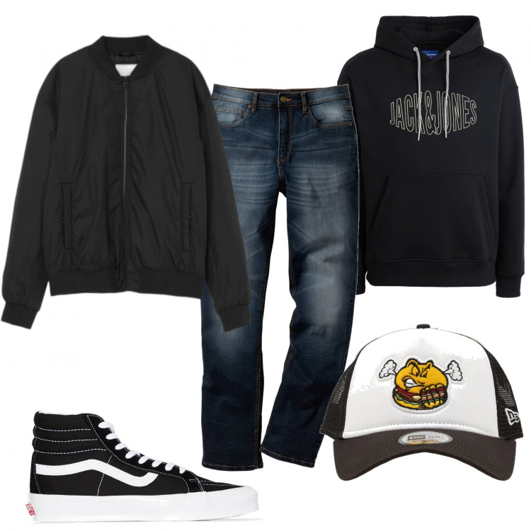 Outfit uomo - Urban style. Stile Urban per Tutti i giorni. Abbinamento con jeans dritti, felpe con cappuccio, bomber, sneakers alte, cappelli.