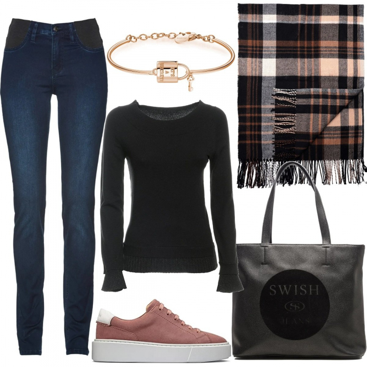 Outfit donna - Sneakers e cappa a quadri. Stile Casual per Tutti i giorni. Abbinamento con jeans skinny, cappe, maglieria, braccialetti, borse a spalla, sneakers alte.