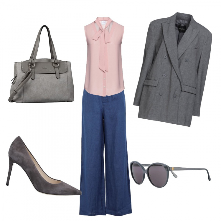 Outfit donna - Riunione mattutina. Stile Casual per Ufficio. Abbinamento con camicie, pantaloni a palazzo, décolleté, blazer, occhiali da sole, shopping bag.