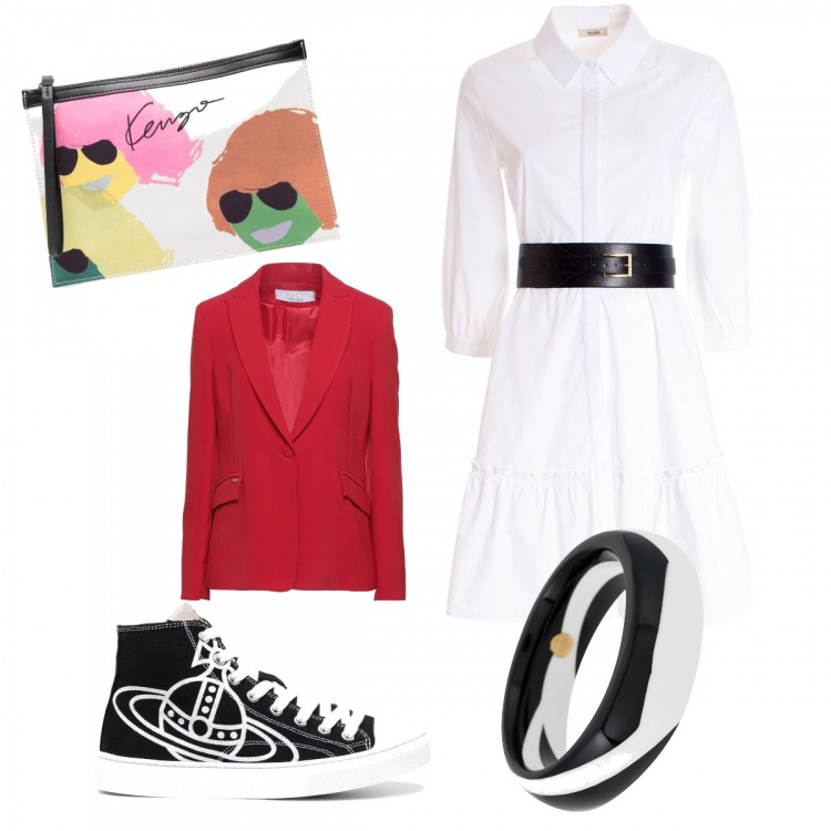Outfit donna - A spasso. Stile Trendy per Tutti i giorni. Abbinamento con blazer, vestiti chemisier, braccialetti, clutch, sneakers alte.