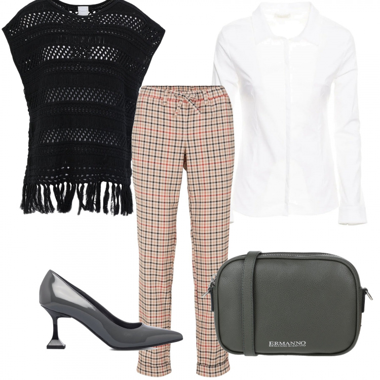 Outfit donna - Camicia e gilet. Stile Glamour per Tutti i giorni. Abbinamento con pantaloni a palazzo, pullovers, borse a tracolla, camicie, décolleté.