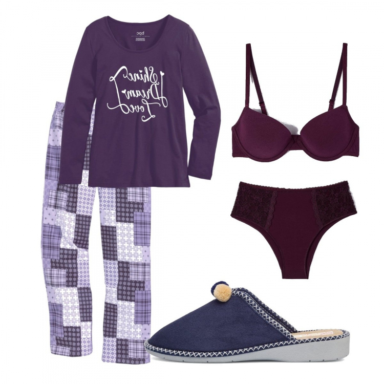 Outfit donna - Sogni d’oro. Stile Basic per Tutti i giorni. Abbinamento con pigiama, reggiseni, slip, pantofole.