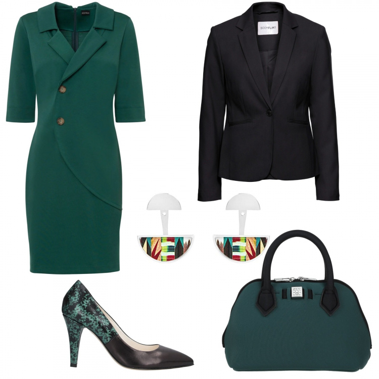 Outfit donna - Un amore di Curvy in verde e nero. Stile Chic per Tutti i giorni. Abbinamento con blazer, vestiti, décolleté, borse a mano, orecchini.