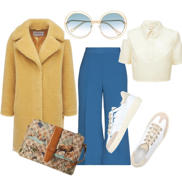 Outfit donna - Casual #4523. Stile Casual per Tutti i giorni. Abbinamento con sneakers, pantaloni capri, occhiali da sole, borse a tracolla, cappotti, camicie.