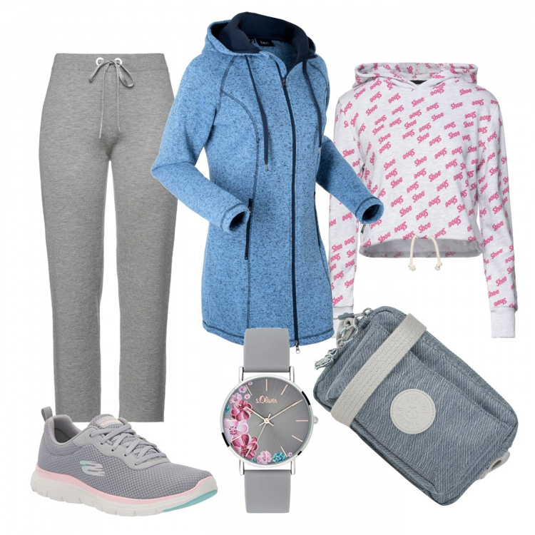 Outfit donna - Fioriscono le ore. Stile Sporty chic per Tutti i giorni. Abbinamento con blazer, pantaloni, felpe con cappuccio, borse a tracolla, sneakers, orologi analogici.
