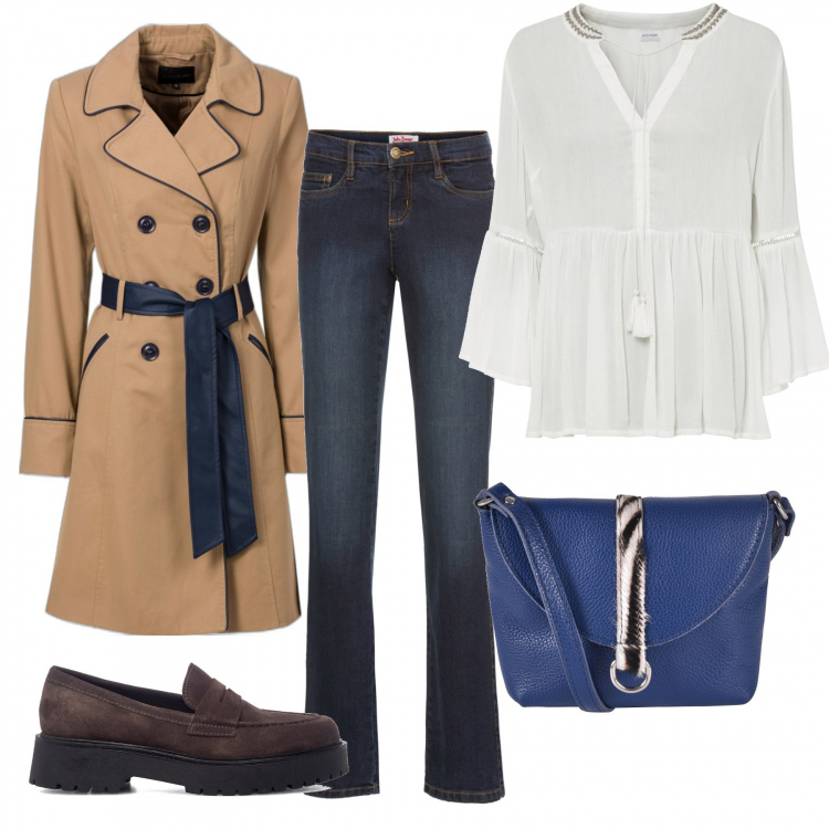 Outfit donna - Trench e sto. Stile Bon Ton per Ufficio. Abbinamento con trench, jeans bootcut, tuniche, borse a tracolla, mocassini.
