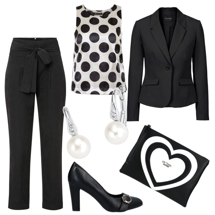Outfit donna - Tailleur pantalone e canotta a pois. Stile Chic per Serata fuori. Abbinamento con décolleté, borse a mano, blazer, top, pantaloni, orecchini.
