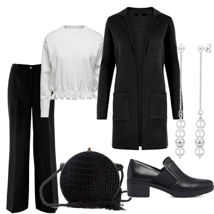 Outfit donna - Cardigan nero. Stile Casual chic per Tutti i giorni. Abbinamento con pantaloni, pullovers, borse a tracolla, mocassini, orecchini, giacche.