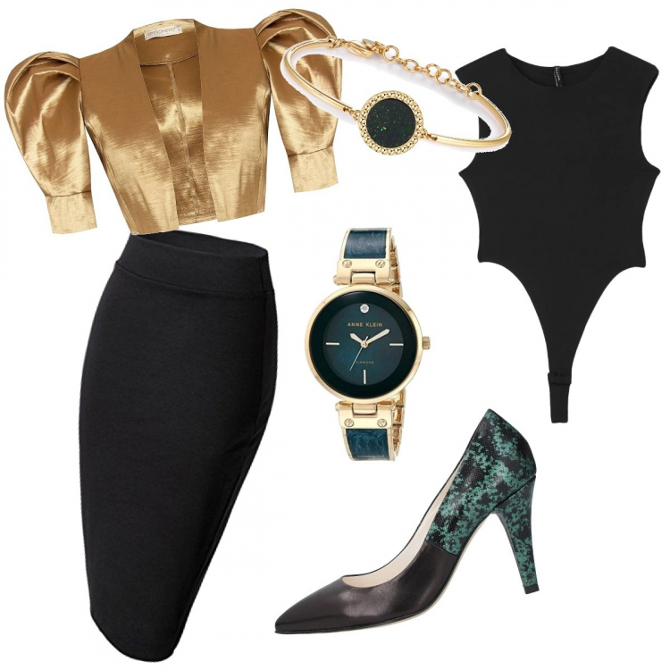 Outfit donna - Serata elegante. per Serata fuori. Abbinamento con décolleté, bolero, body, braccialetti, gonne longuette, orologi analogici.