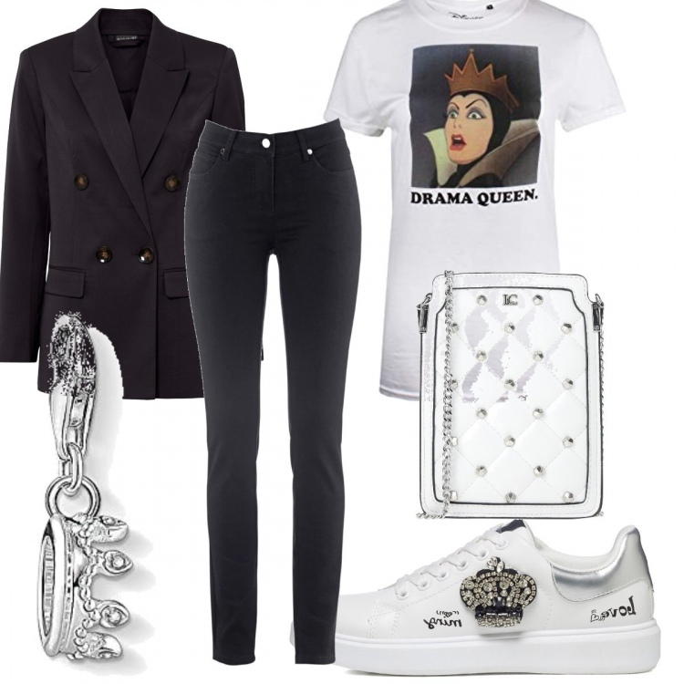 Outfit donna - Queen. Stile Glamour per Tutti i giorni. Abbinamento con jeans dritti, blazer, borse a tracolla, sneakers, t-shirt, braccialetti.
