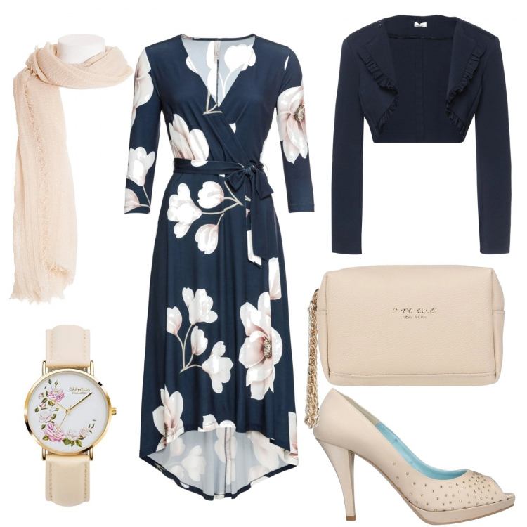Outfit donna - Eleganza floreale. Stile Chic per Serata fuori. Abbinamento con vestiti lunghi, blazer, décolleté, borse a mano, foulard, orologi.