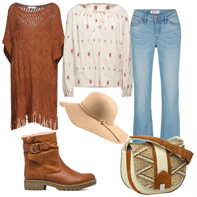Outfit donna - Bohemien passion. Stile Boho per Tutti i giorni. Abbinamento con jeans bootcut, pullovers, bluse, stivaletti, borse a mano, cappelli.