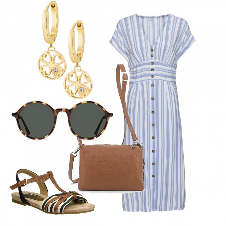 Outfit donna - Fresca Estate. Stile Romantica per Tutti i giorni. Abbinamento con vestiti, orecchini, borse a tracolla, sandali, occhiali da sole.