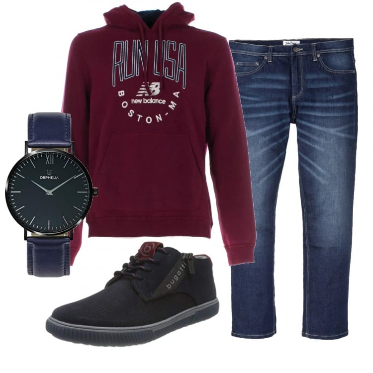 Outfit uomo - Casual #3663. Stile Casual per Ufficio. Abbinamento con jeans dritti, felpe con cappuccio, orologi analogici, stivali.