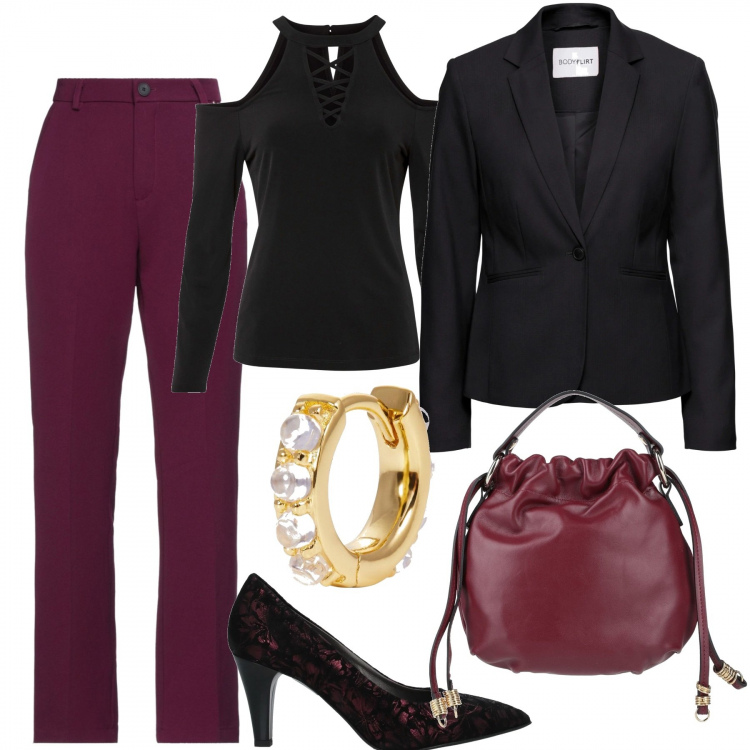 Outfit donna - Serata. Stile Casual chic per Serata fuori. Abbinamento con blazer, maglieria, pantaloni, borse a mano, orecchini, décolleté.