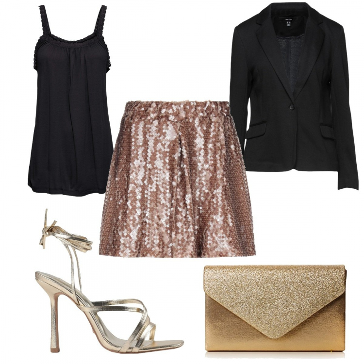 Outfit donna - Le paillette dorate. Stile Glamour per Serata fuori. Abbinamento con top, minigonne, sandali col tacco, blazer, pochette.