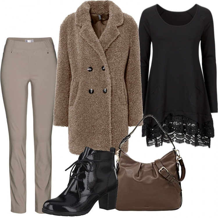 Outfit donna - Al corso di restauro. Stile Urban per Scuola/Università. Abbinamento con pantaloni, tuniche, cappotti, stivaletti, borse a tracolla.