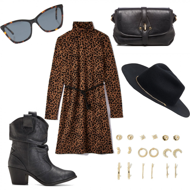 Outfit donna - Look Low-cost. Stile Urban per Tutti i giorni. Abbinamento con stivaletti texani, occhiali da sole, cappelli, vestiti, orecchini, borse a tracolla.