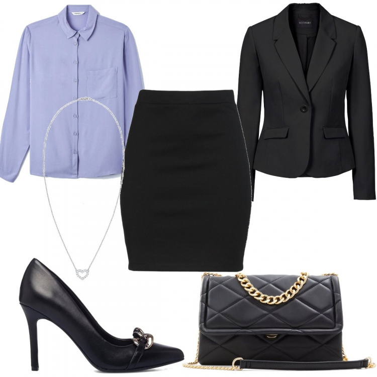 Outfit donna - Il tailleur. Stile Chic per Ufficio. Abbinamento con minigonne, blazer, camicie, borse a tracolla, décolleté, collane.